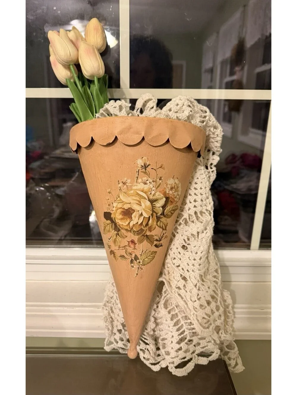 Country Metal Tole Floral Tin Wall Pocket, vase, cottagecore wall pocket